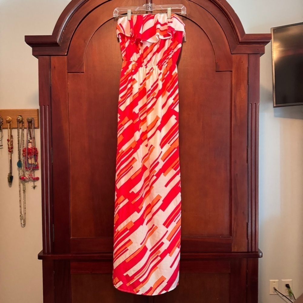Ashley Hilton Vibrant orange/pink/white Strapless Maxi Dress Size Medium